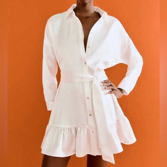 ZARA RUFFLED SATIN EFFECT DRESS OYSTER WHITE - Picture 1 of 12